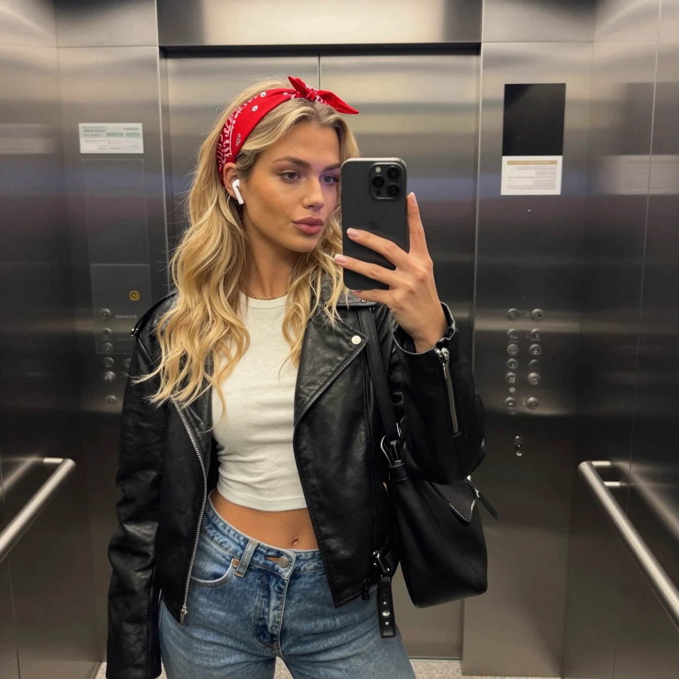 Stylish young woman mirror selfie in urban elevator
