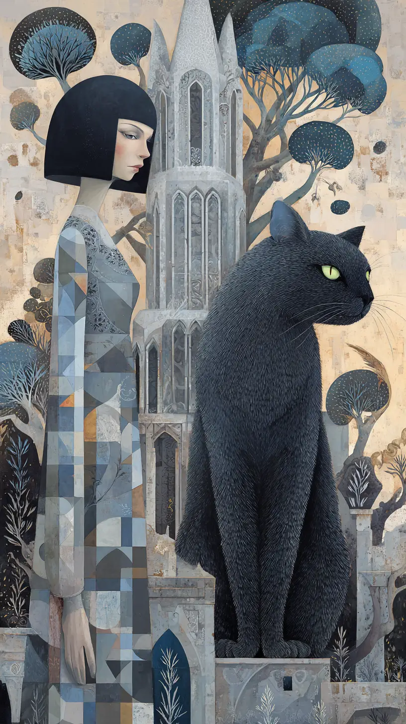 Surreale Frau und riesige schwarze Katze vor gotischem Turm