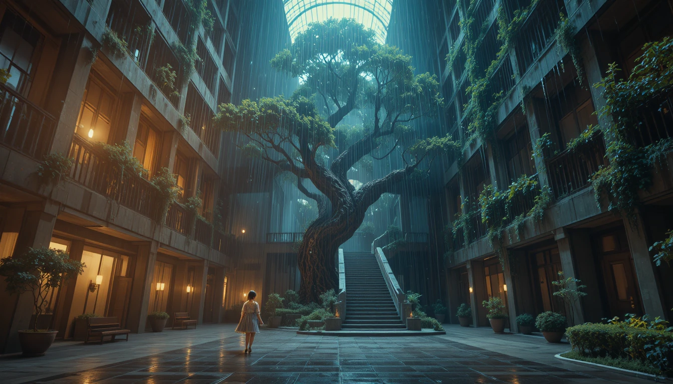 Futuristisches grünes Gebäude mit riesigem Baum nach dem Regen