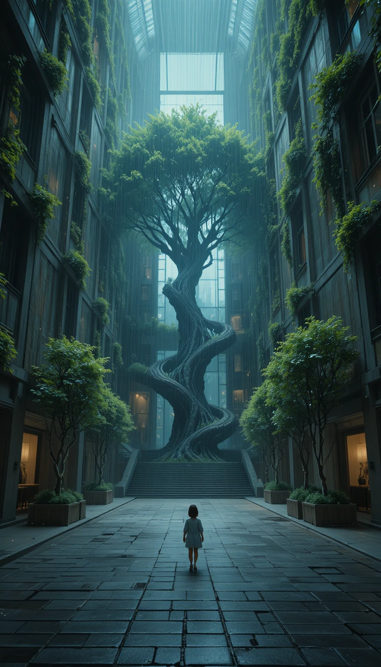 Futuristic tower entwined with a giant tree after rain
