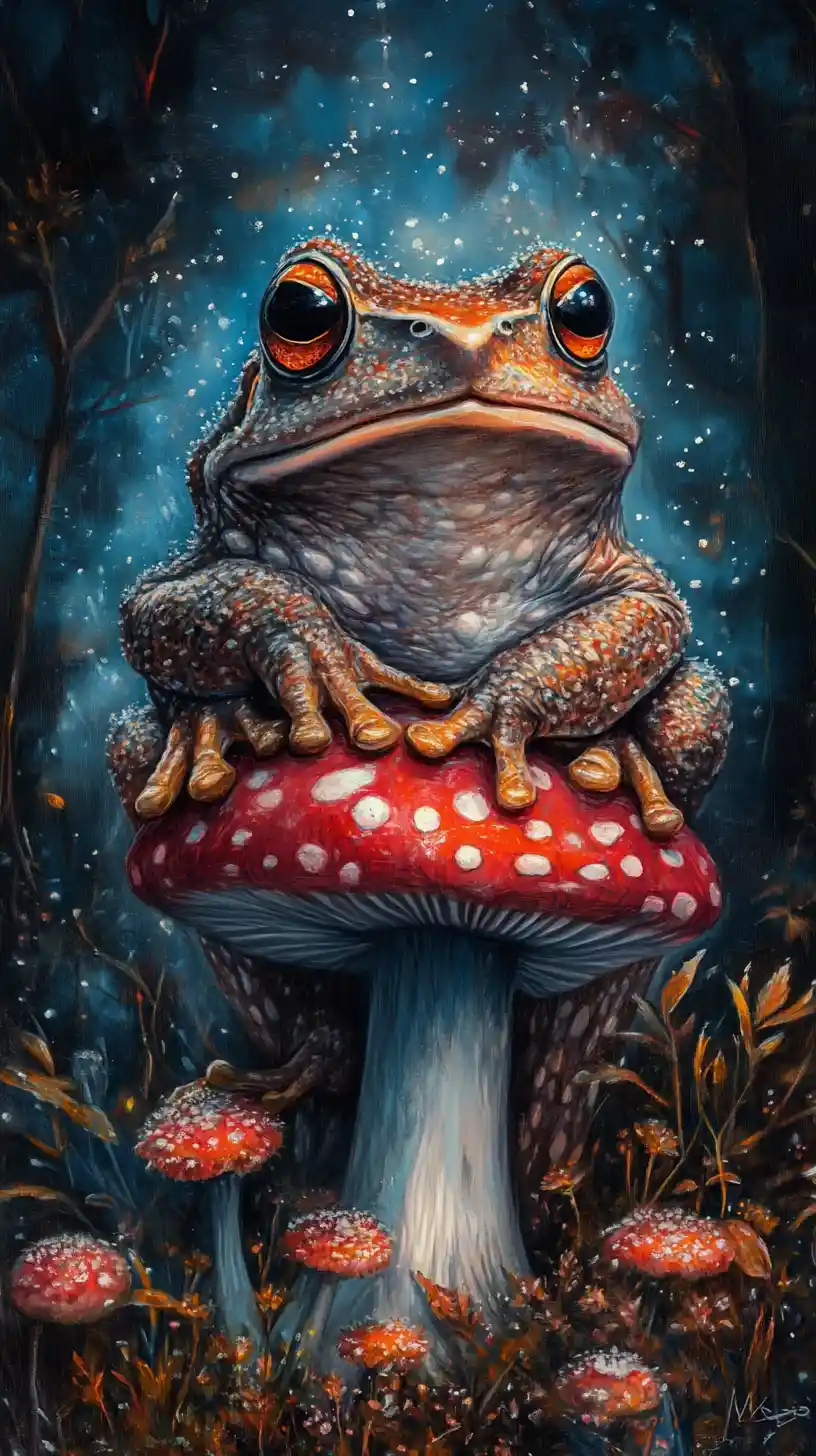 Surreal frog resting on a magical toadstool with glowing backlight