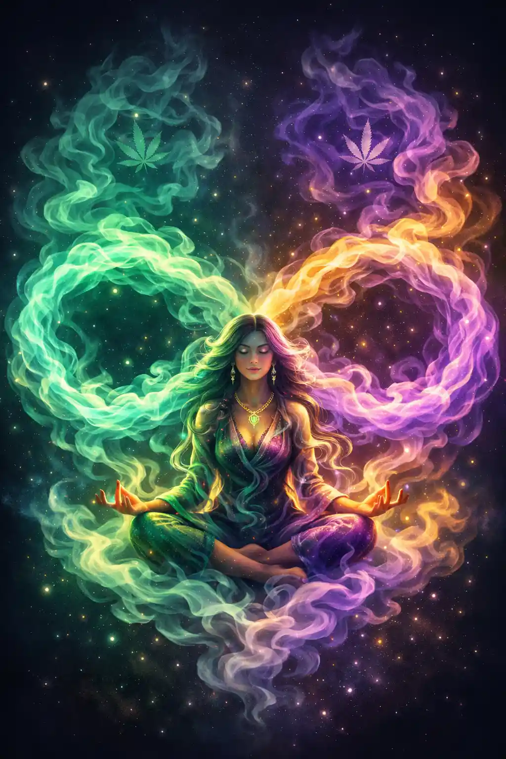 Laços infinitos de fumaça neon girando ao redor de uma figura central