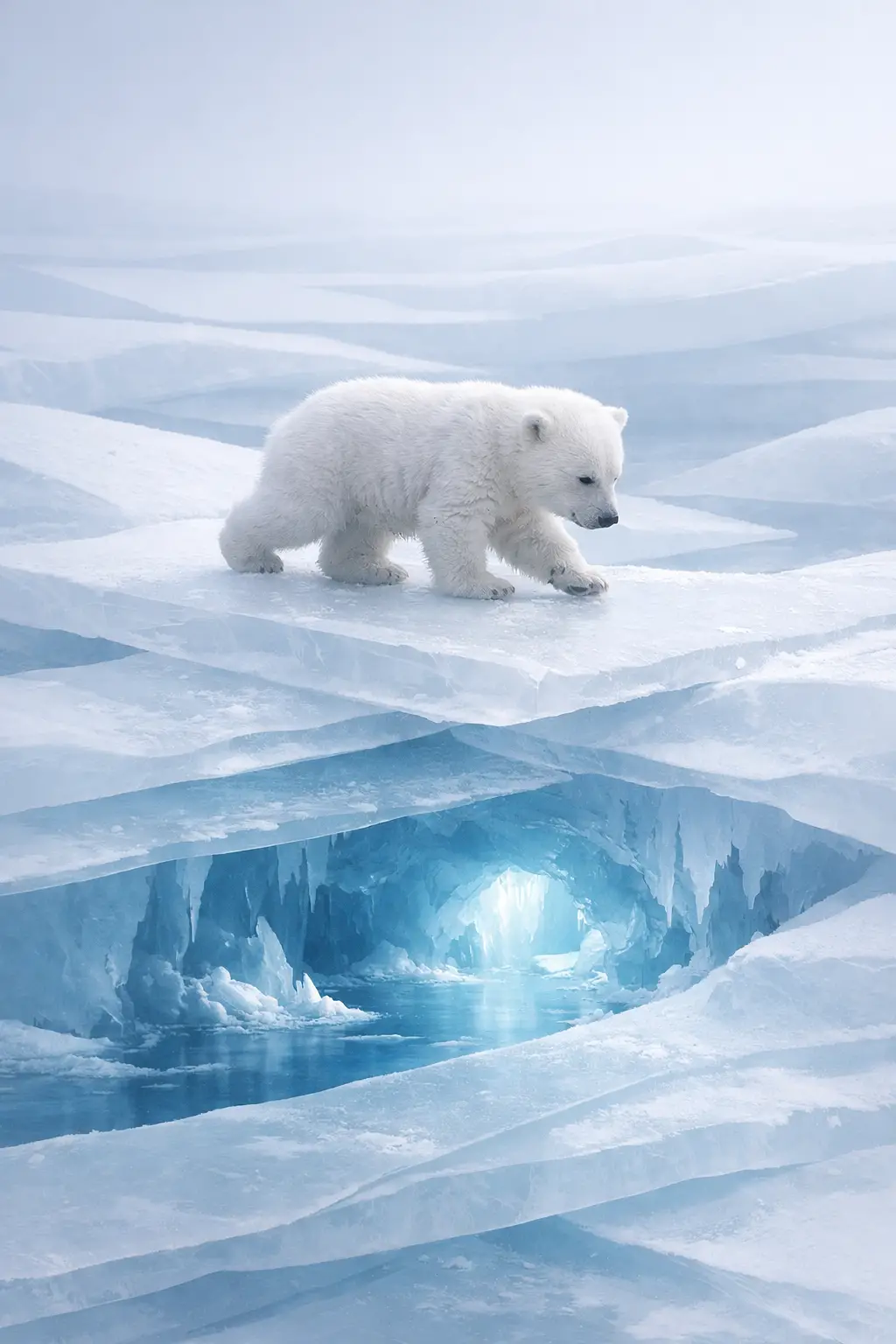 Baby polar bear crossing layered glowing arctic ice world