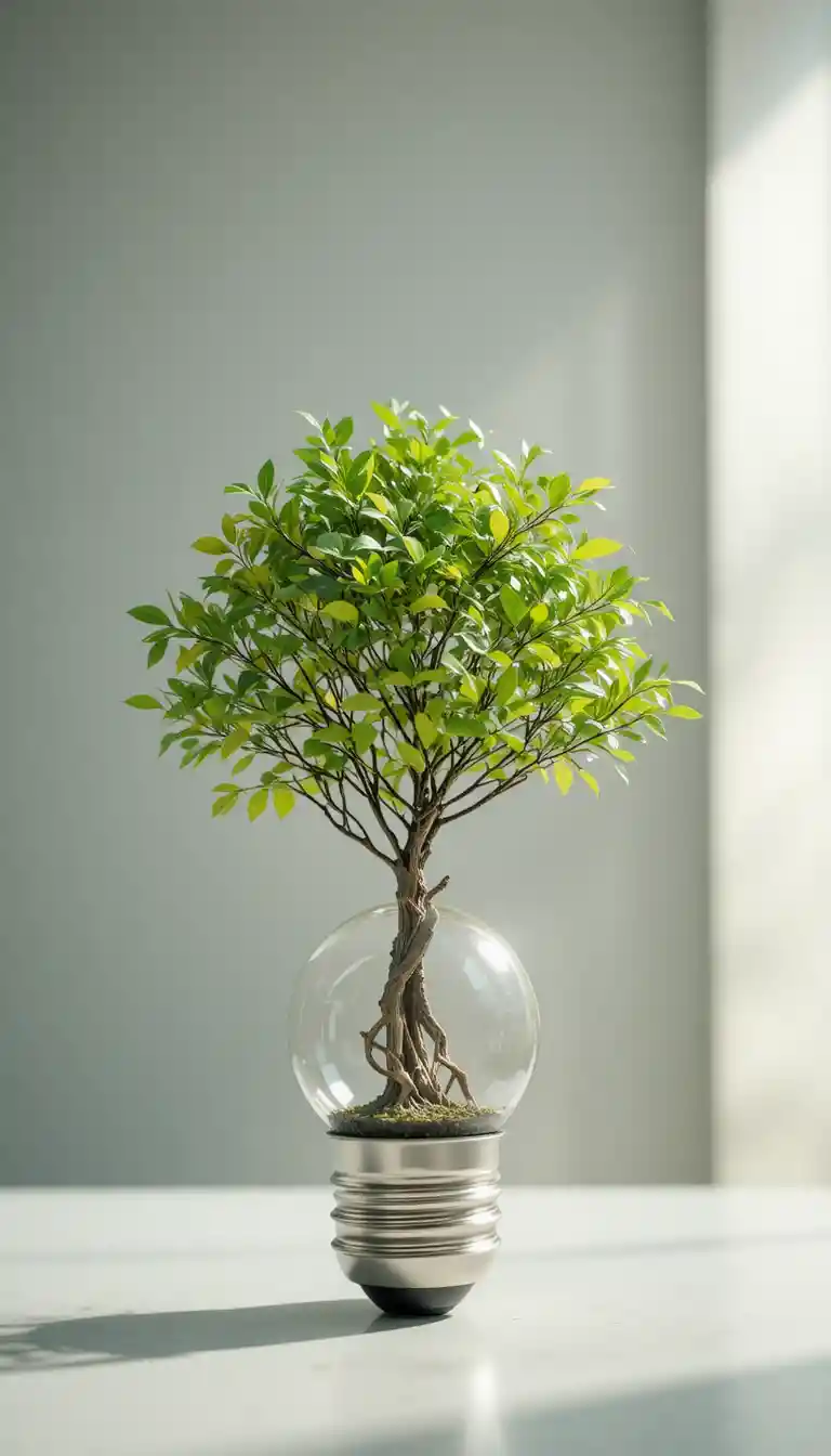 Green tree growing inside a clear light bulb on surface