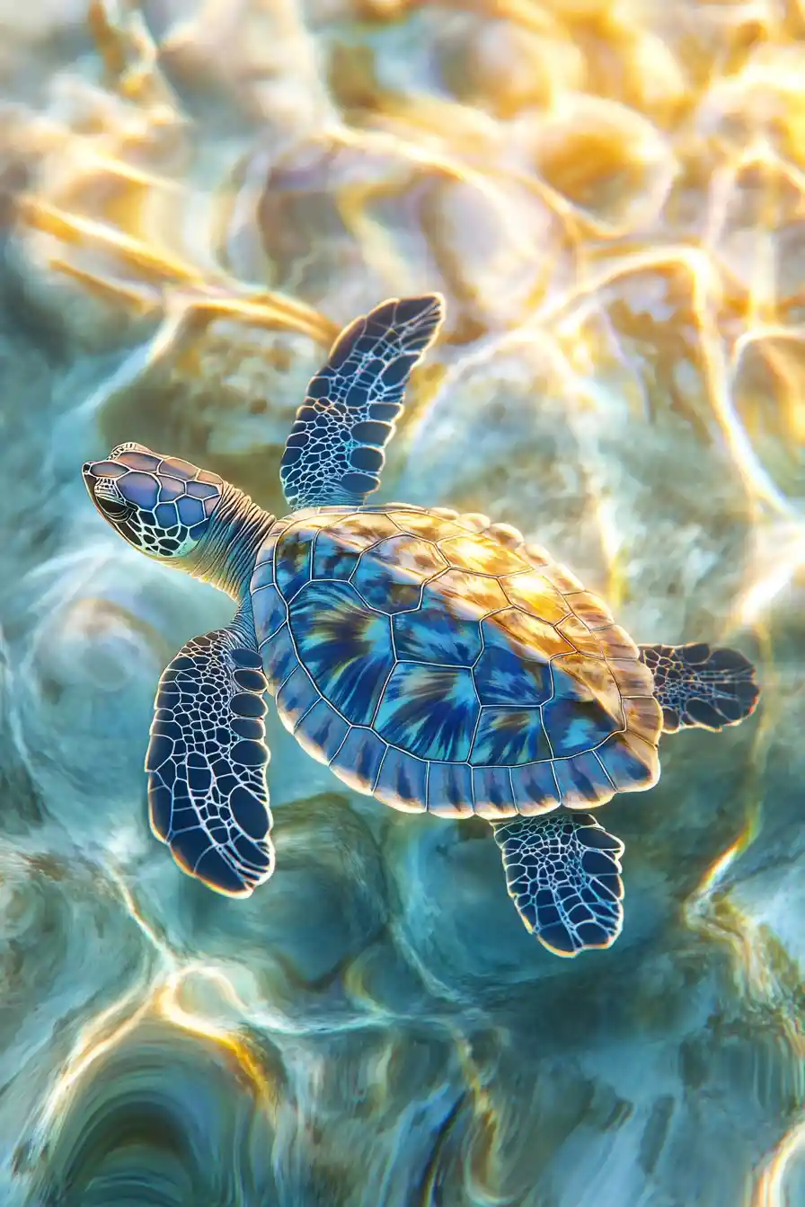 Piccola tartaruga marina che plana sopra una barriera corallina luminosa