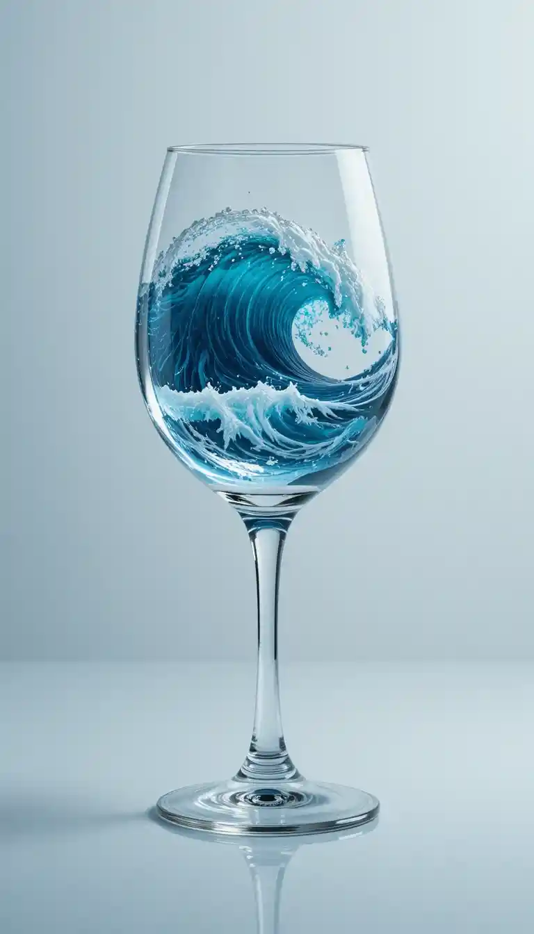 Wine glass filled with realistic ocean waves in close up