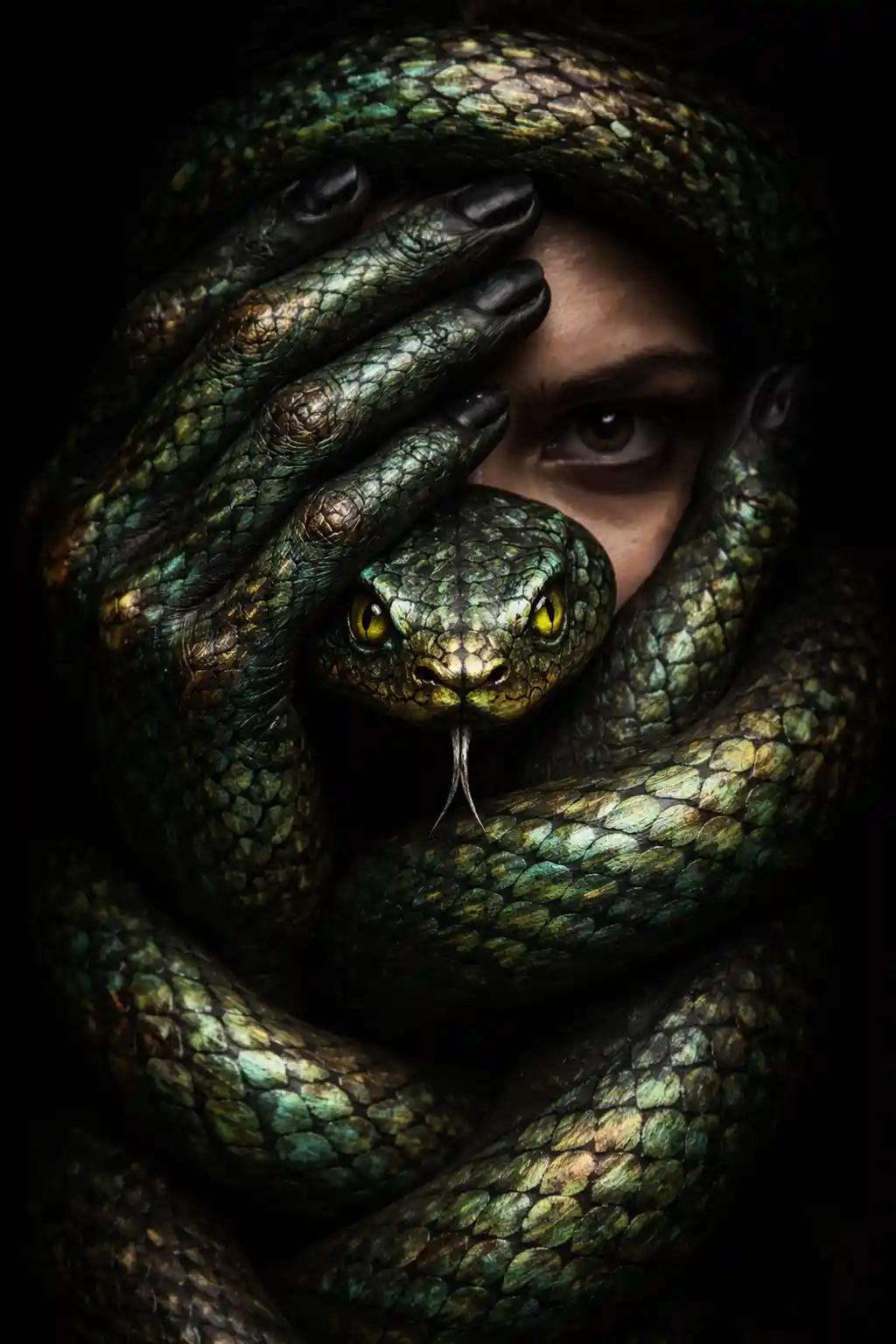 Close up face wrapped by painted coiled snake hands