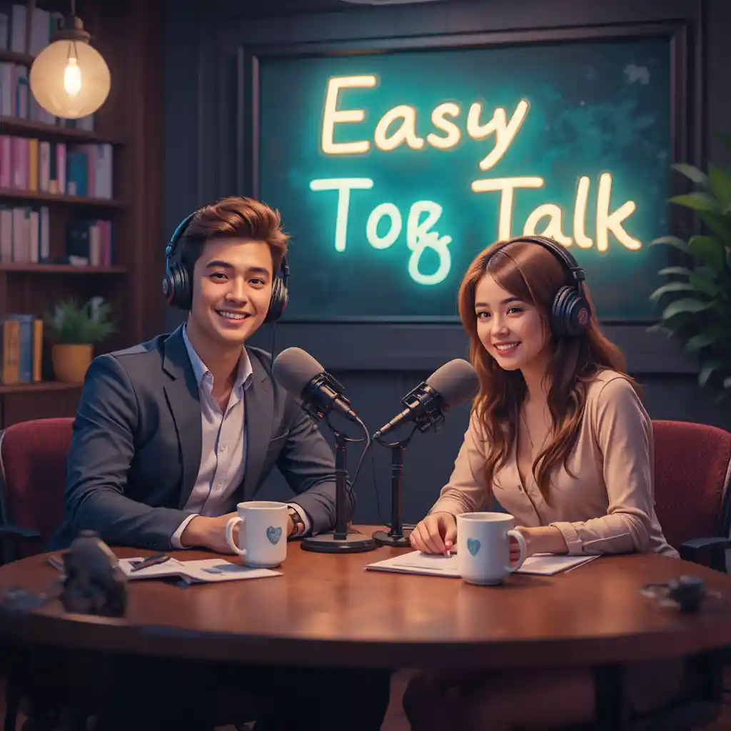 아늑하고 현대적인 녹음 스튜디오의 친근한 팟캐스트 진행자들