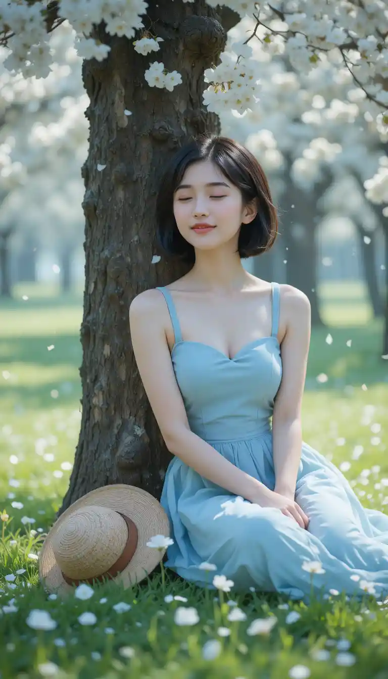 Young woman resting by a white blossoming tree