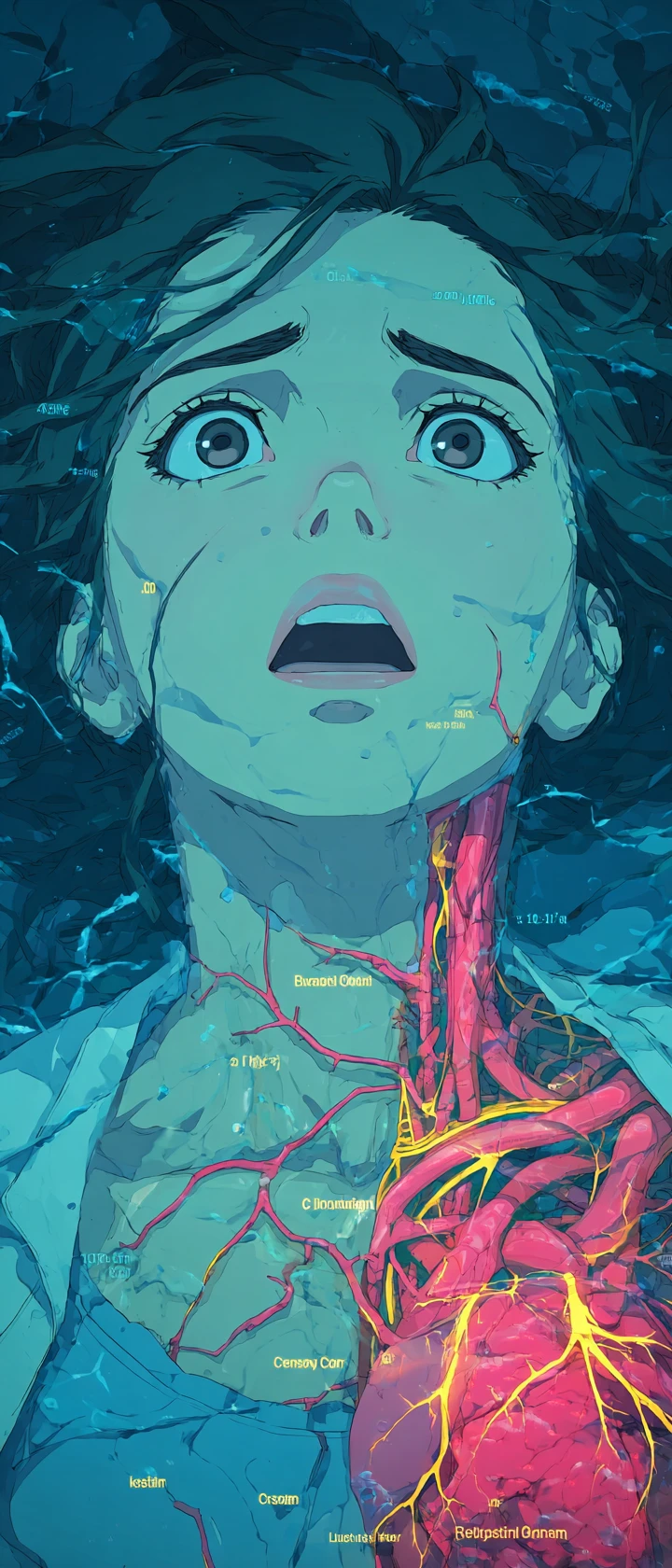 Volto di ragazza anime che emerge dalle oscure profondità sottomarine