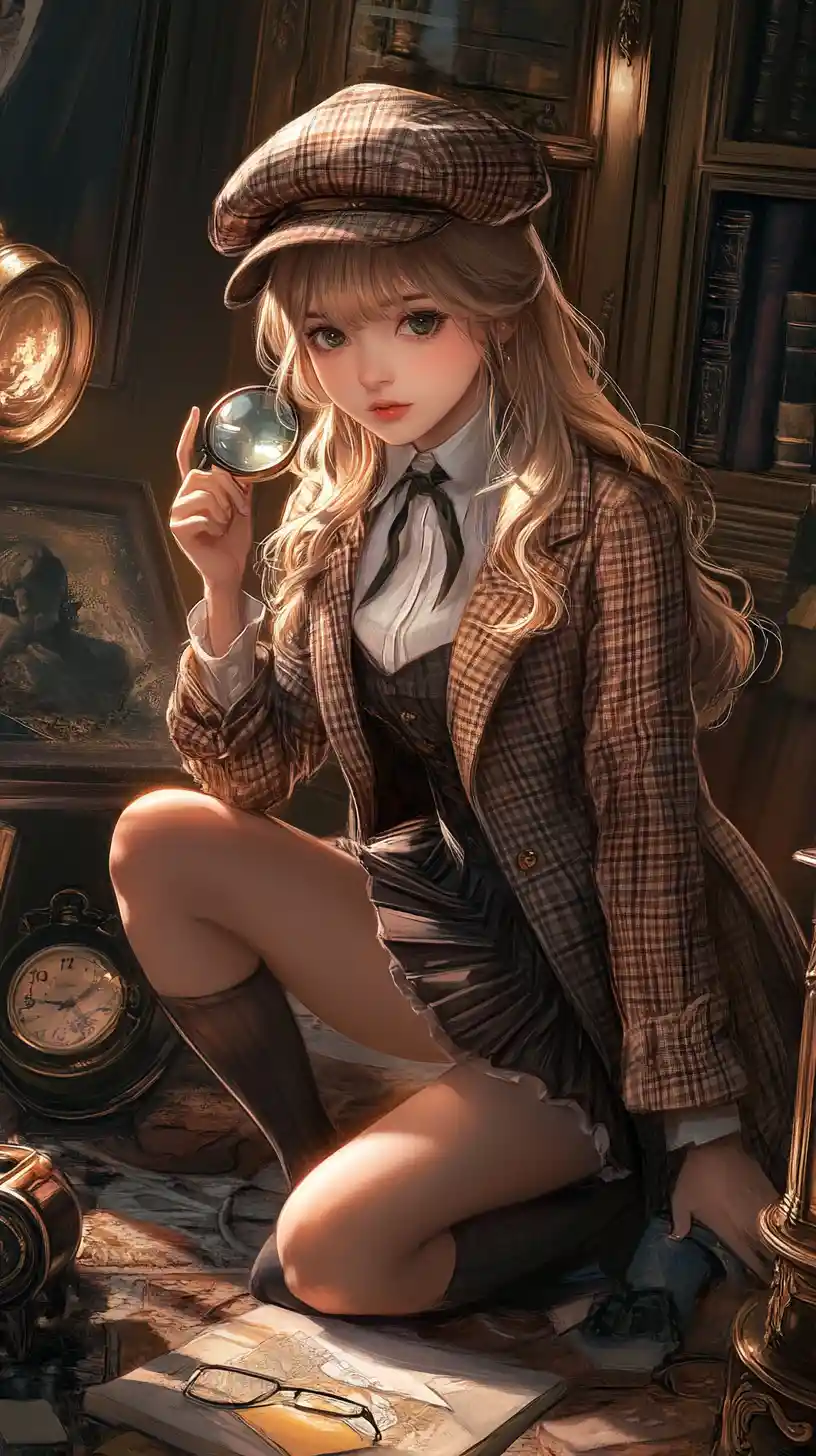 Anime detective girl searching the floor in golden light