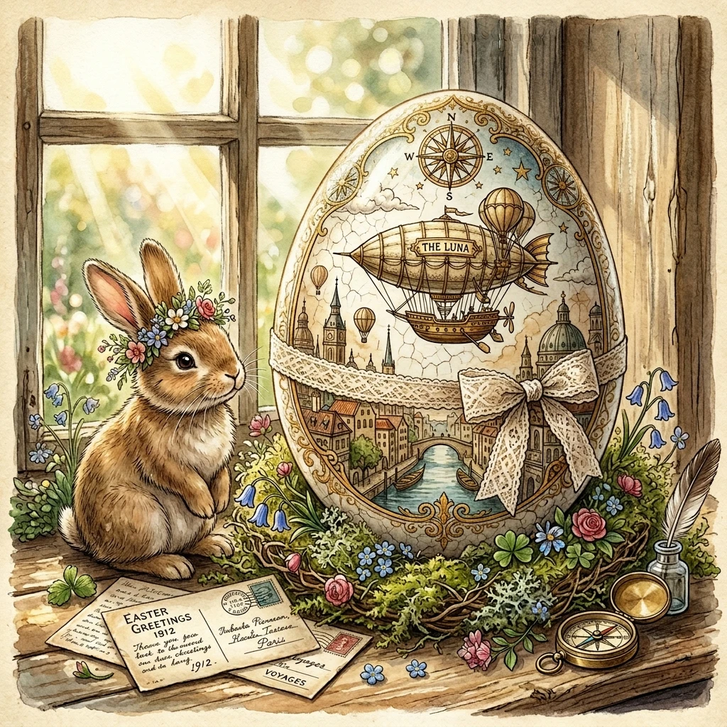 Vintage Easter egg with steampunk airship and old city