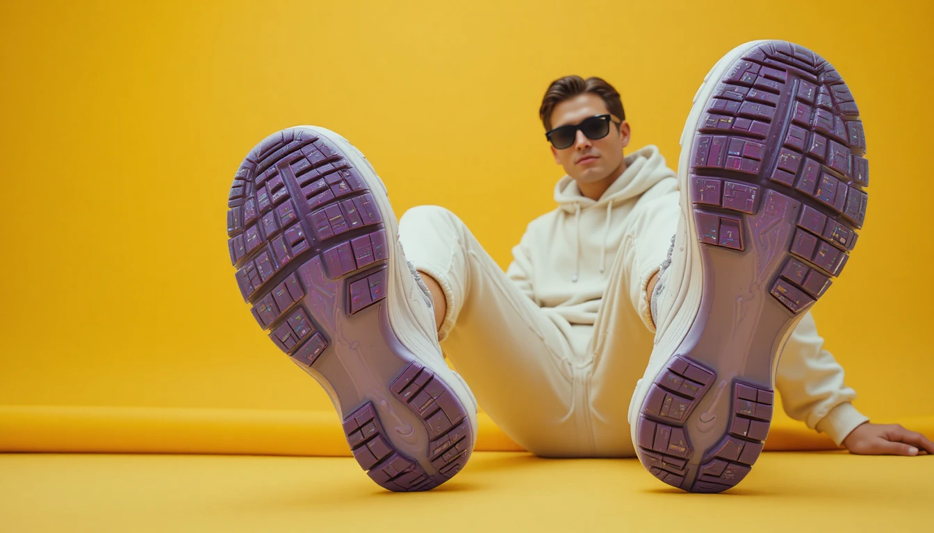 Selbstbewusster Mann in Fleece-Streetwear vor senffarbenem Hintergrund