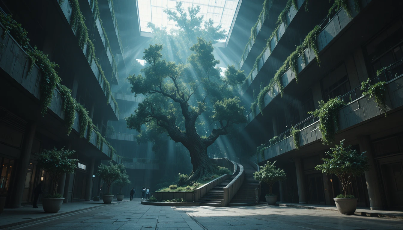 Torre futuristica avvolta da un albero gigante dopo la pioggia