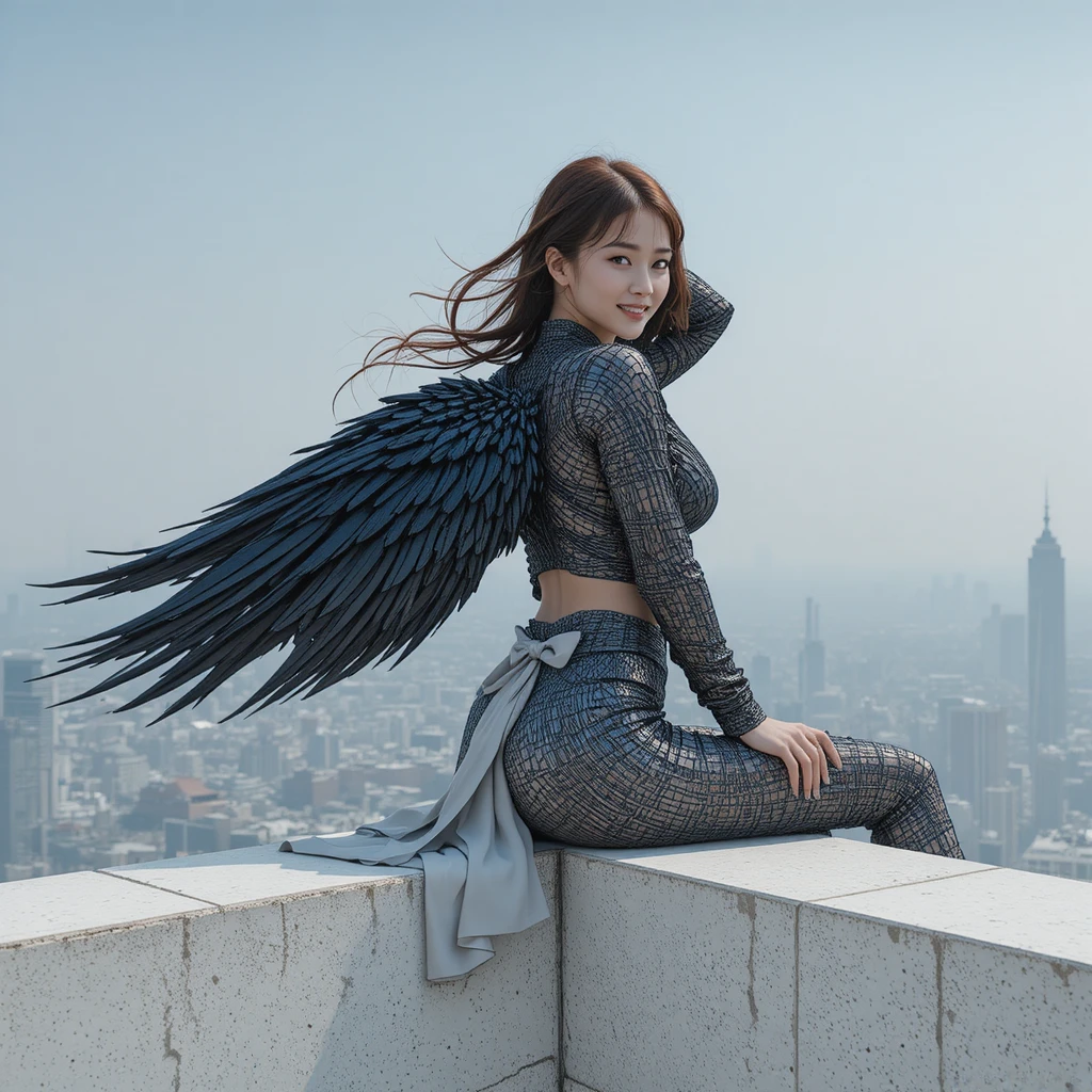 머나먼 도시 옥상에 앉은 흑요석 날개를 가진 젊은 여성