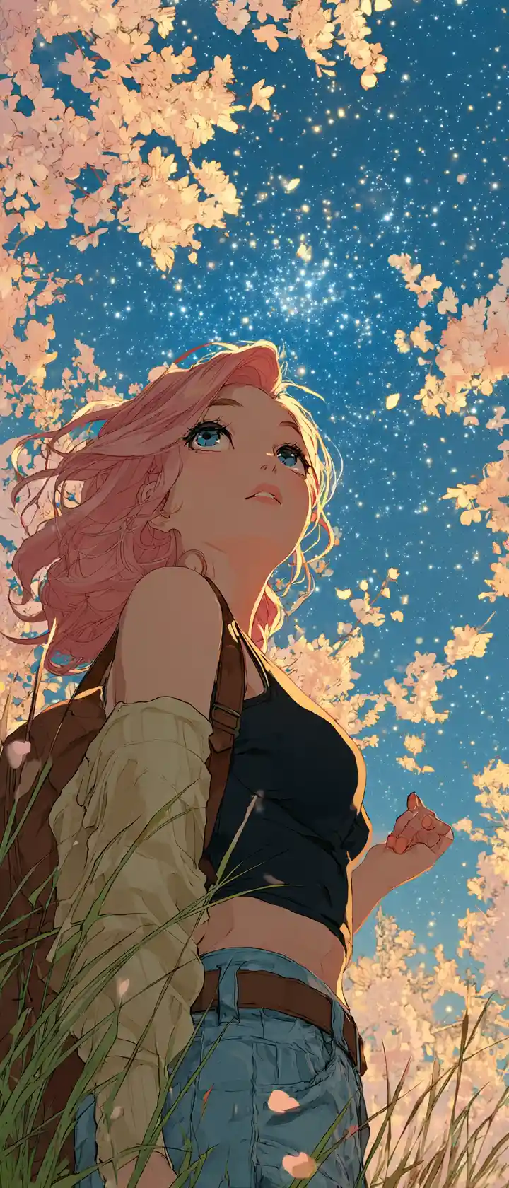 Anime figure with galaxy eyes in a windy grass field