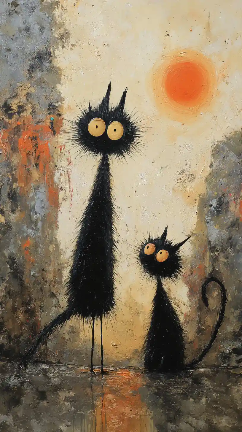 Surreal abstract painting of two black cats with sun