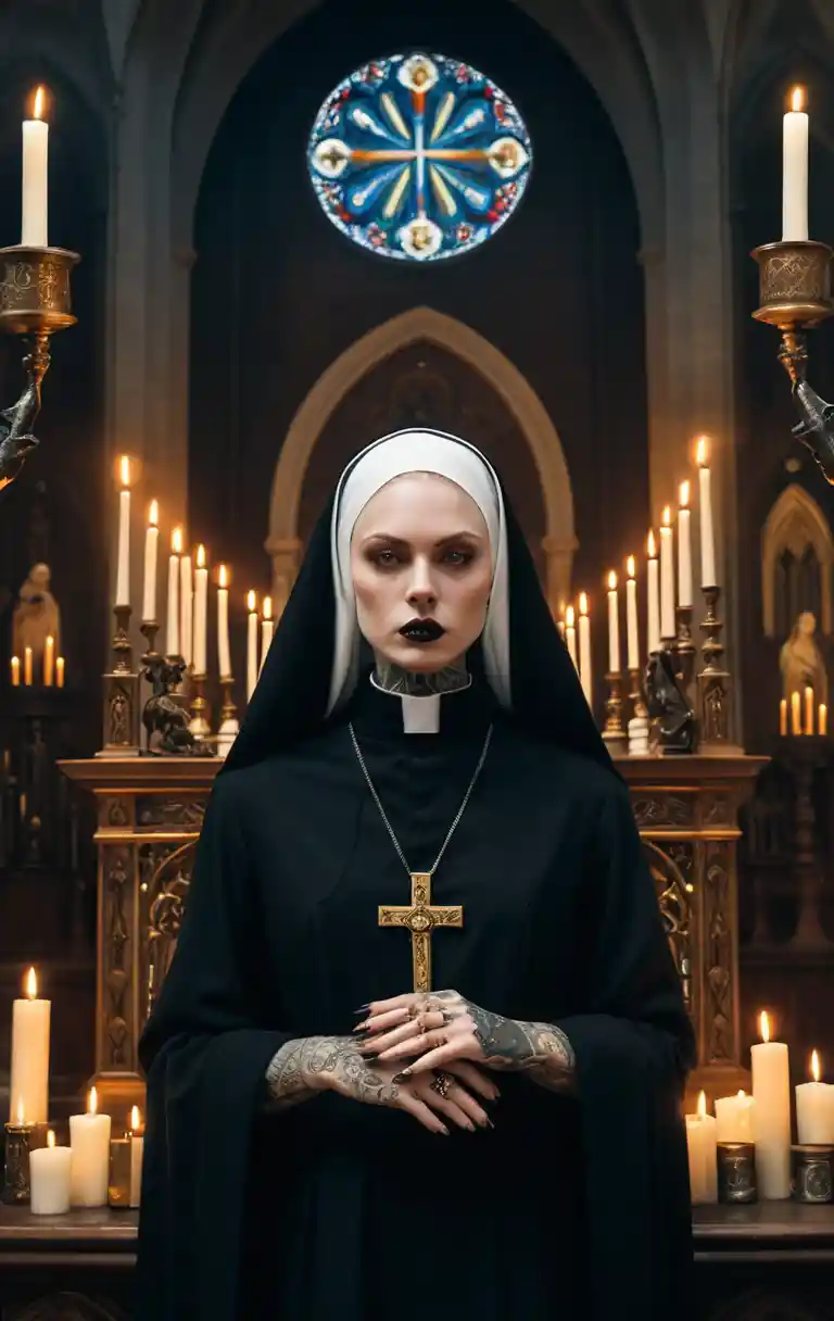 Suora tatuata in abito nero che punta una pistola in chiesa