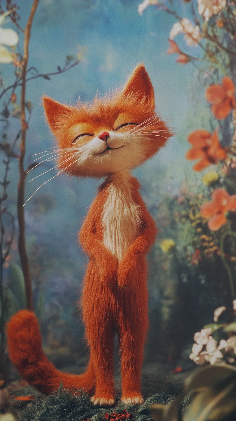 Anthropomorphic red cat dancing with playful charming expression