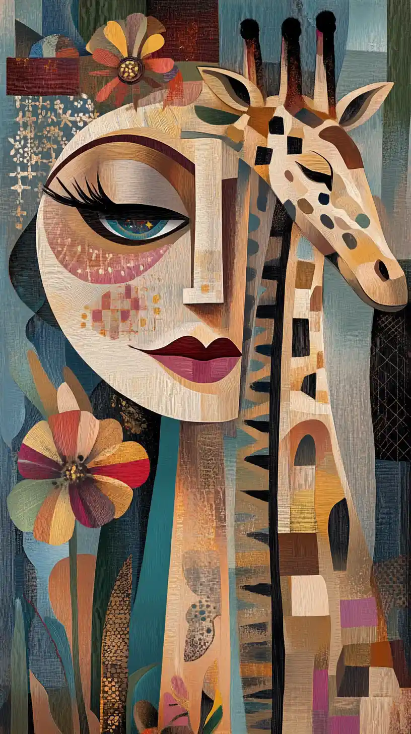 Mujer cubista abstracta con jirafa en tonos neutros cálidos