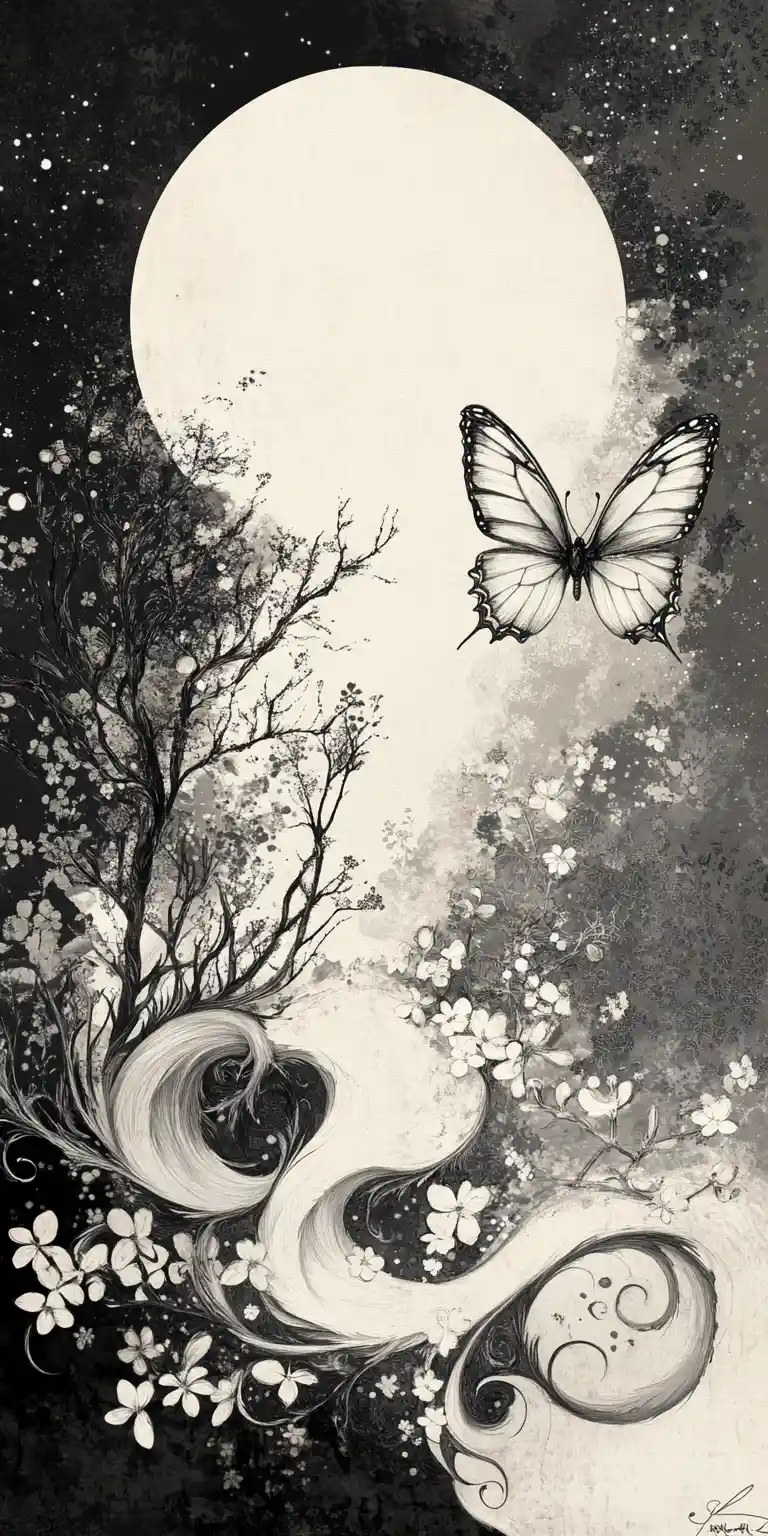 Butterfly in a swirling fairytale forest under moonlight