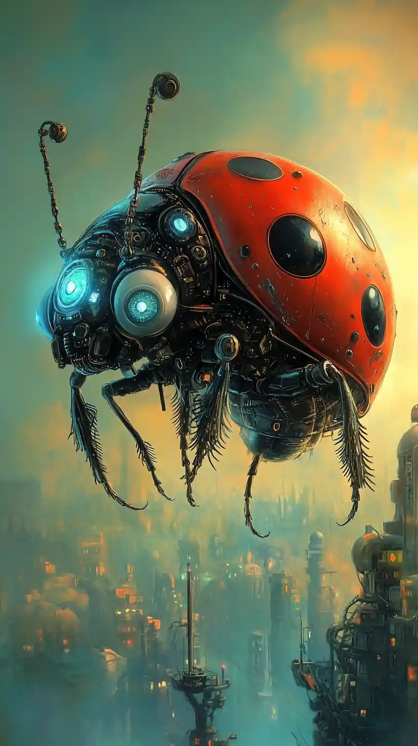 Dystopian cybernetic ladybug rising from a blurred horizon