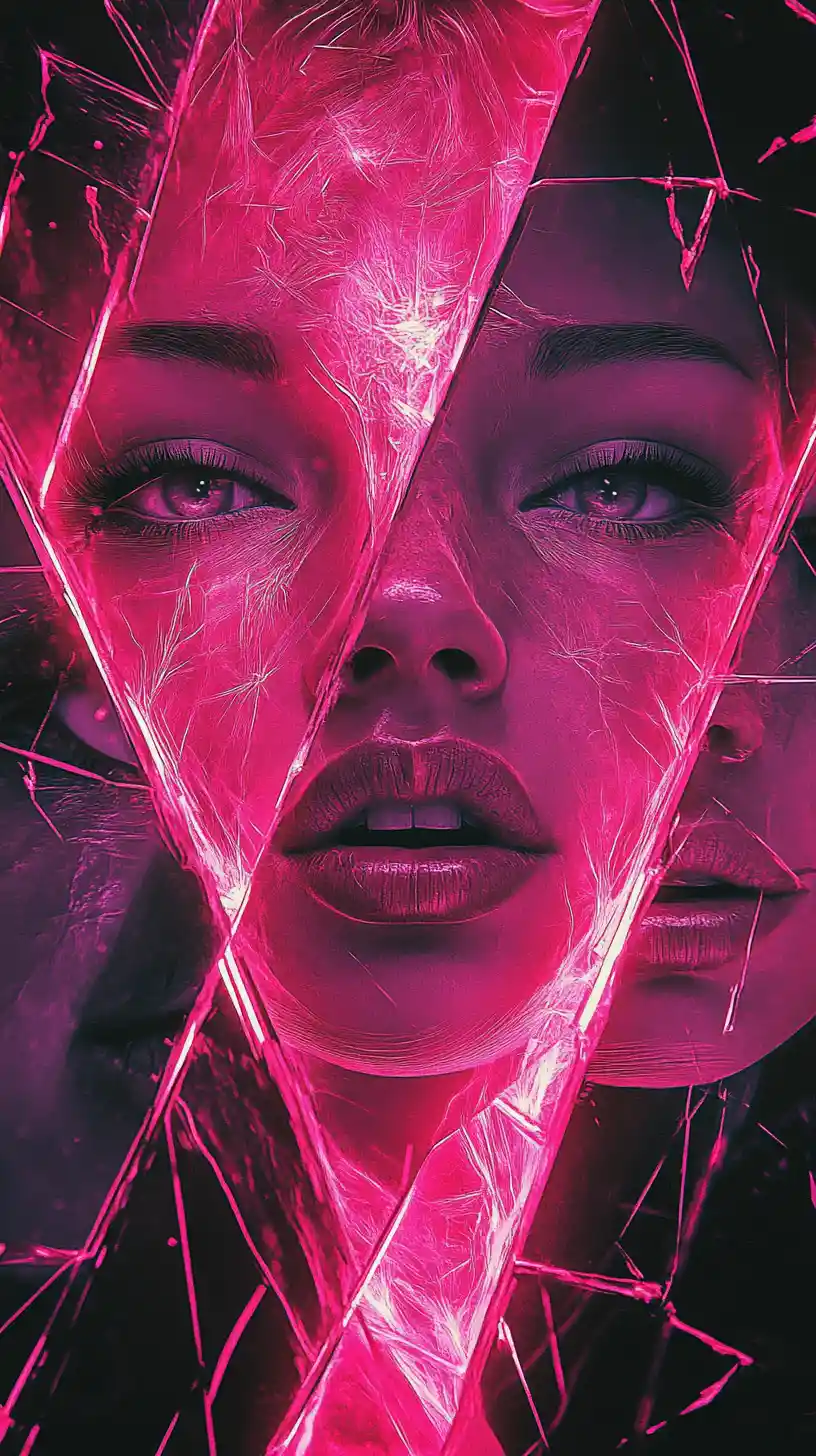 Surreal neon portrait of three fractured ethereal faces