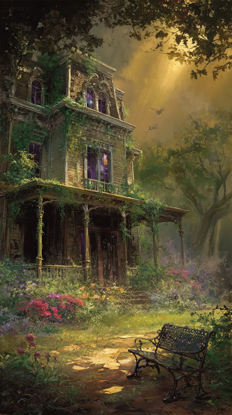 Victorian mansion glowing in golden hour garden light