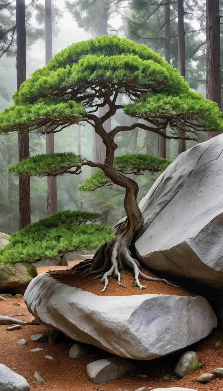 Small twisted tree growing beneath a granite boulder