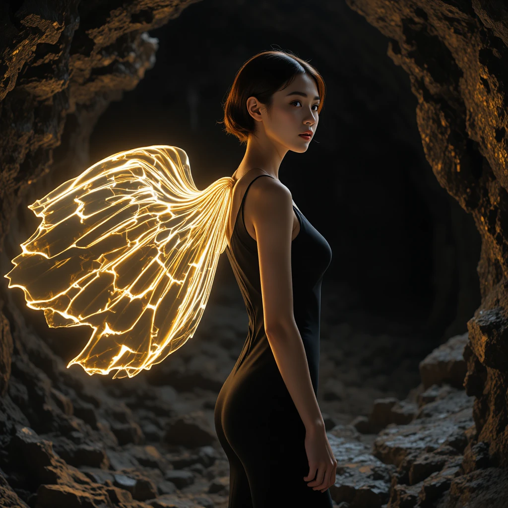 Korean woman in profile with glowing wings in dark cave