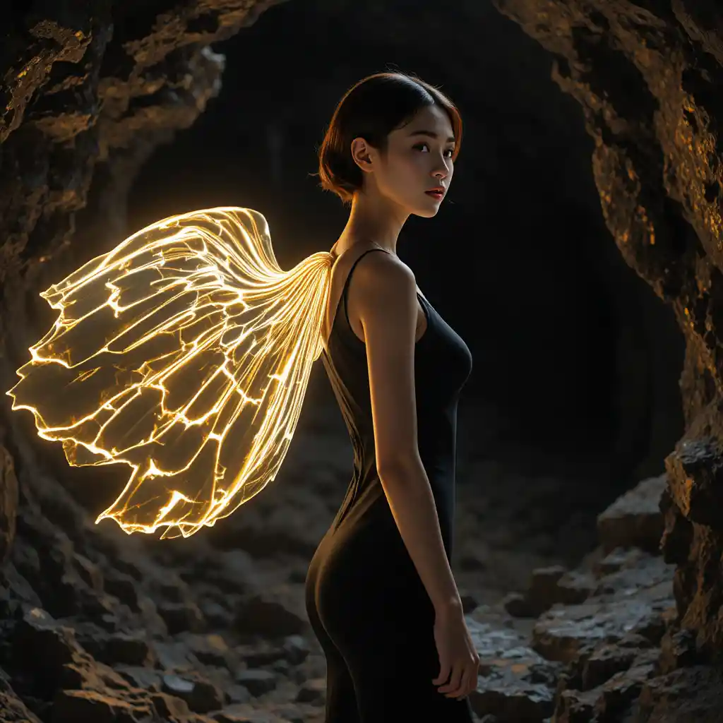Korean woman in profile with glowing wings in dark cave
