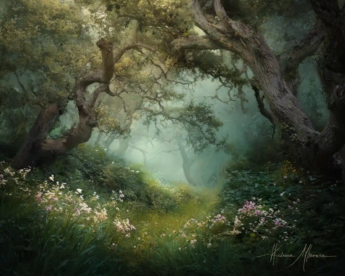 Foresta fantasy incantata con alberi contorti e luce soffusa
