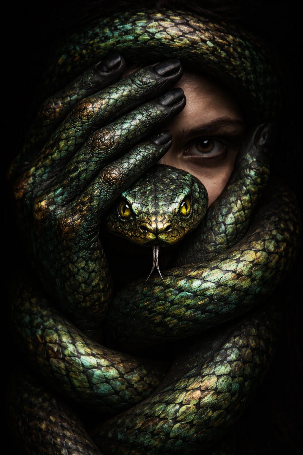 Gros plan d’un visage enveloppé par des mains peintes en serpent enroulé
