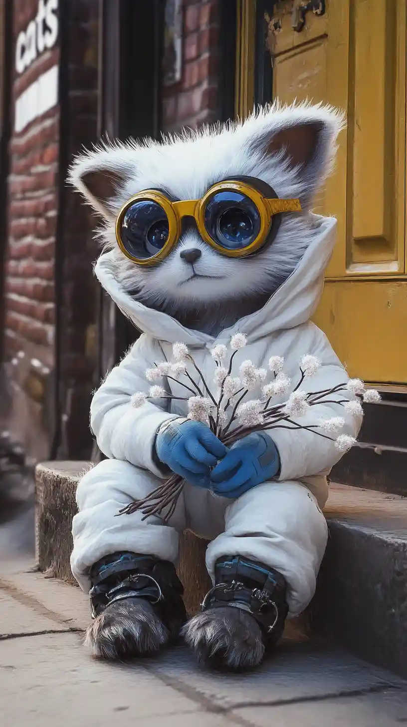 Cute cat creature in white jumpsuit by a yellow door