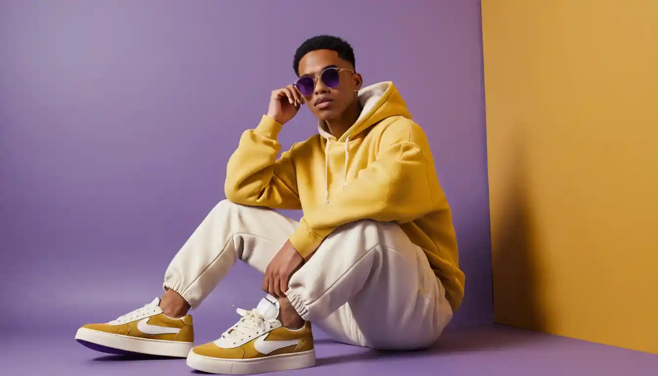 Stylish man in fleece streetwear sitting against yellow background
