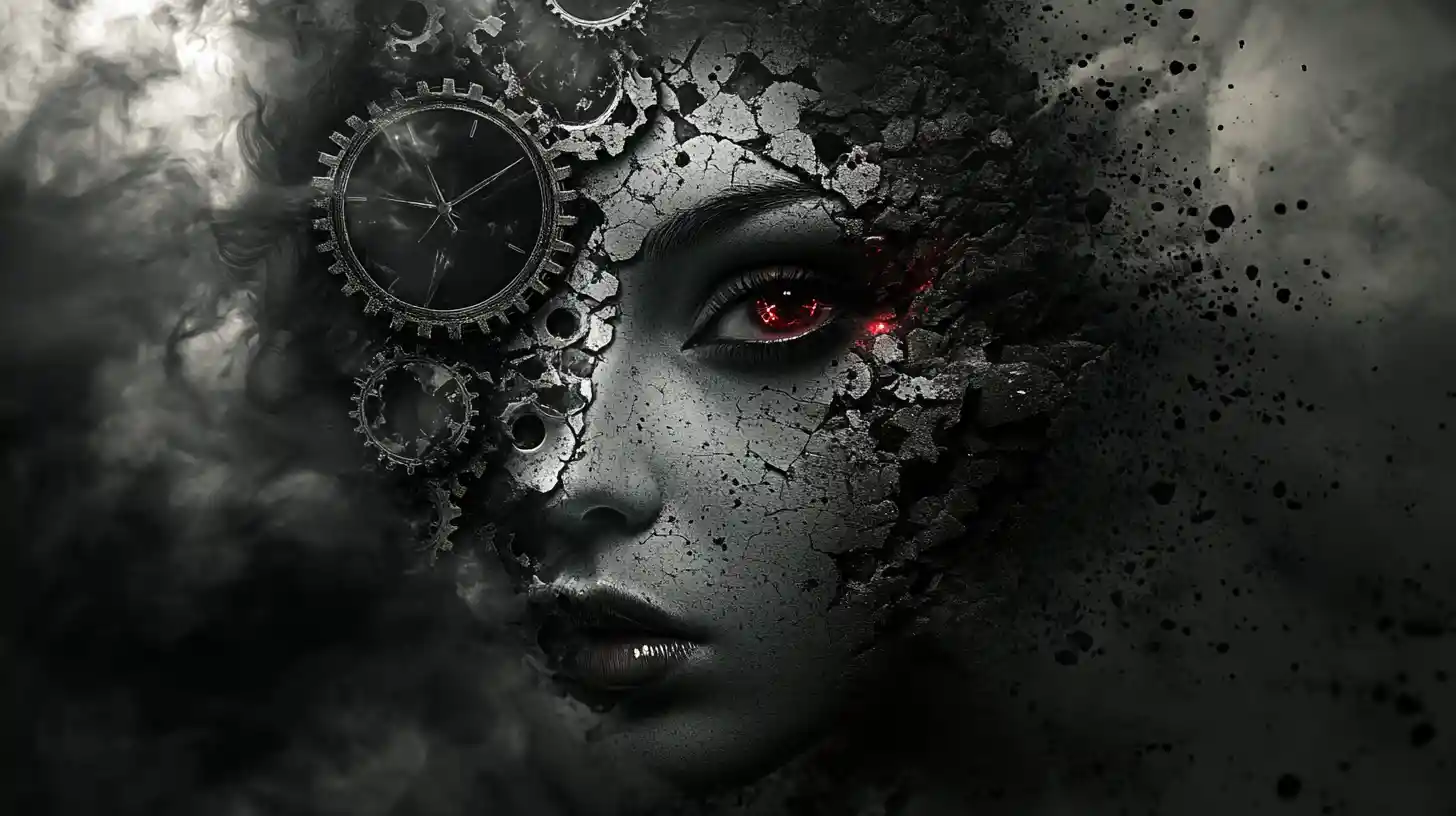Woman face dissolving into dust and mechanical clockwork