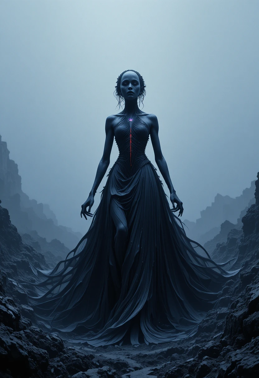 Surreal regal woman rising from a fractured abyss