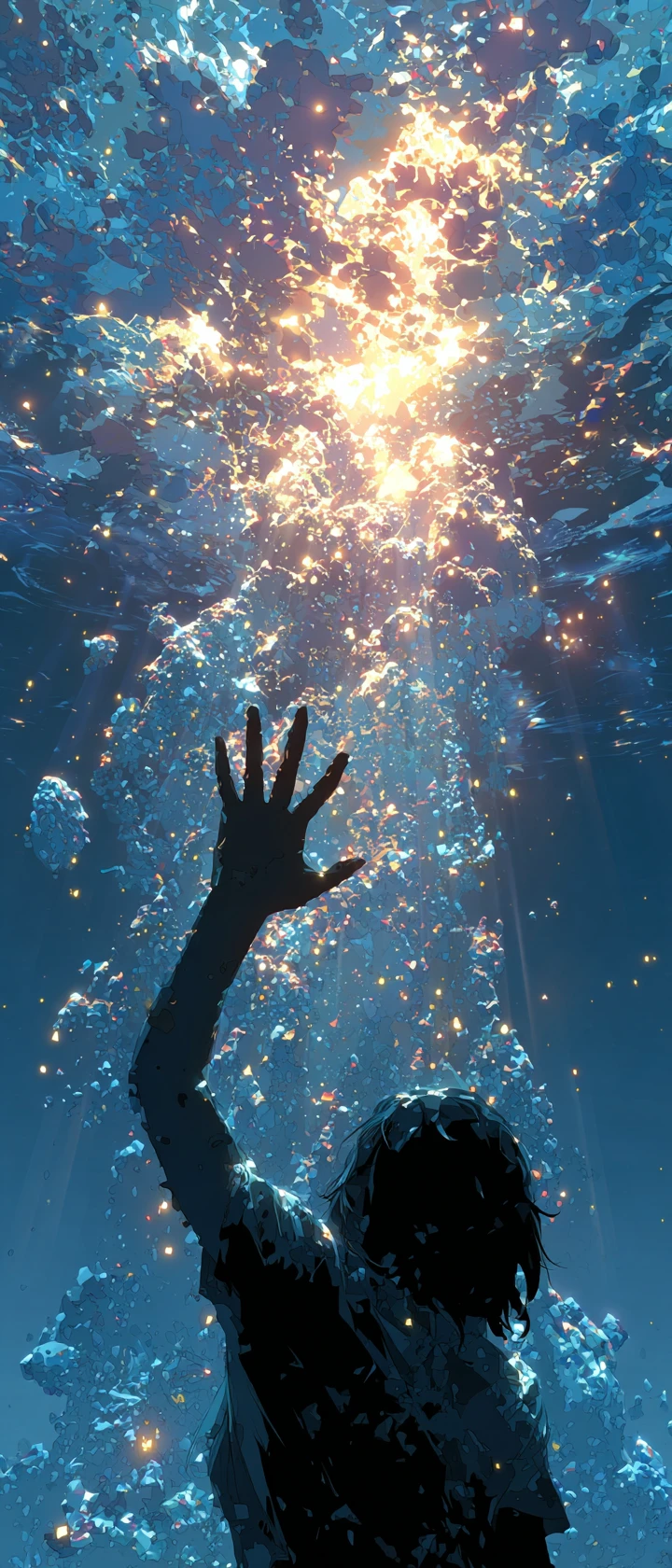 Anime hand reaching toward shimmering water surface above
