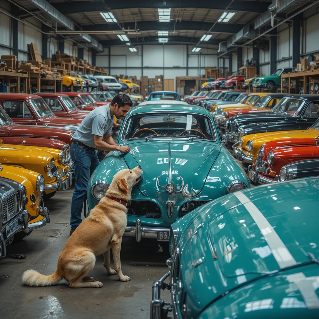 Man checking a car beside a dog in colorful classic garage