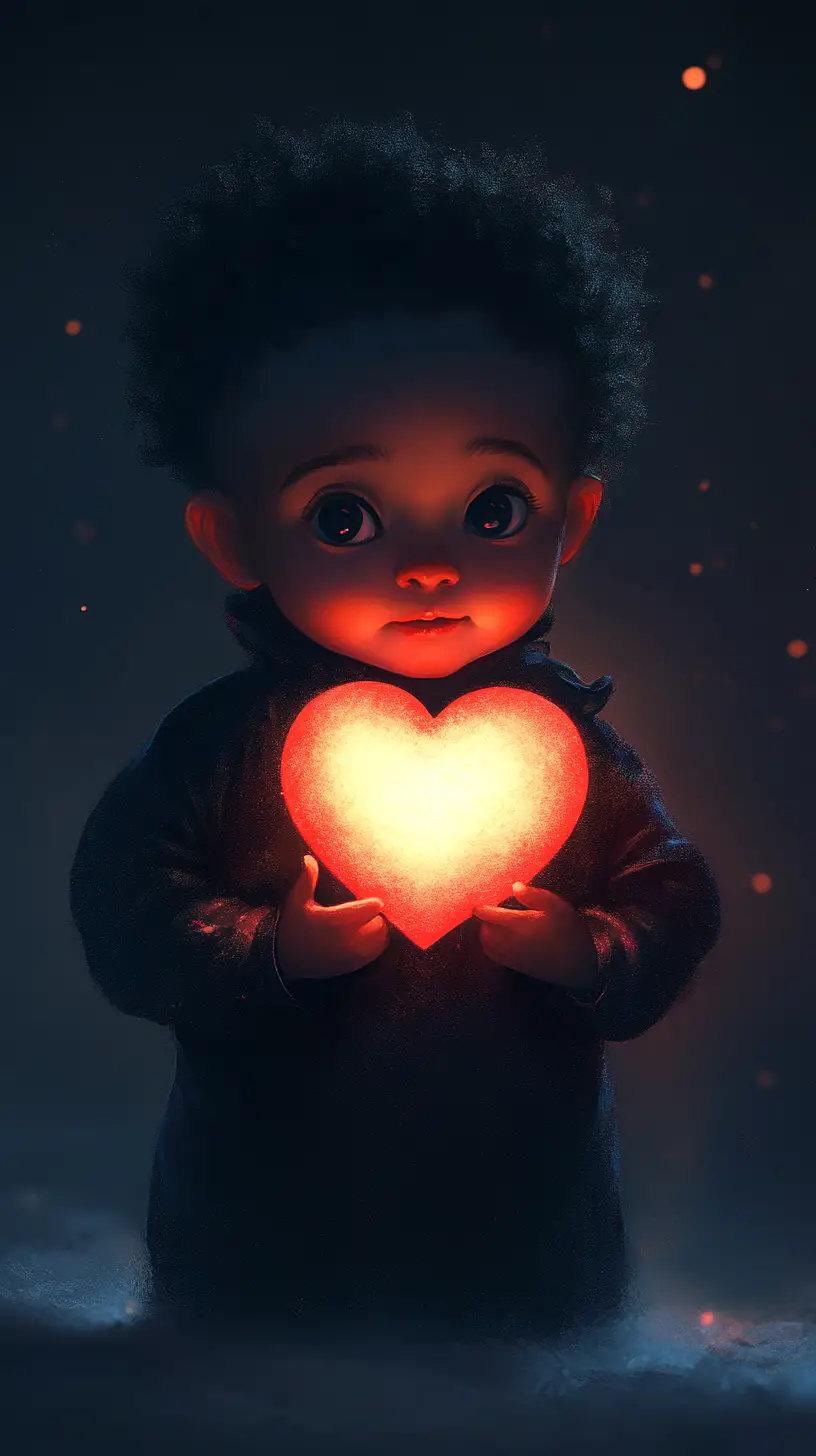 Toddler Holding Glowing Heart With Playful Smug Expression
