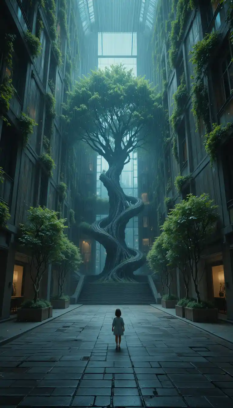 Futuristischer Turm, umwunden von einem riesigen Baum nach dem Regen