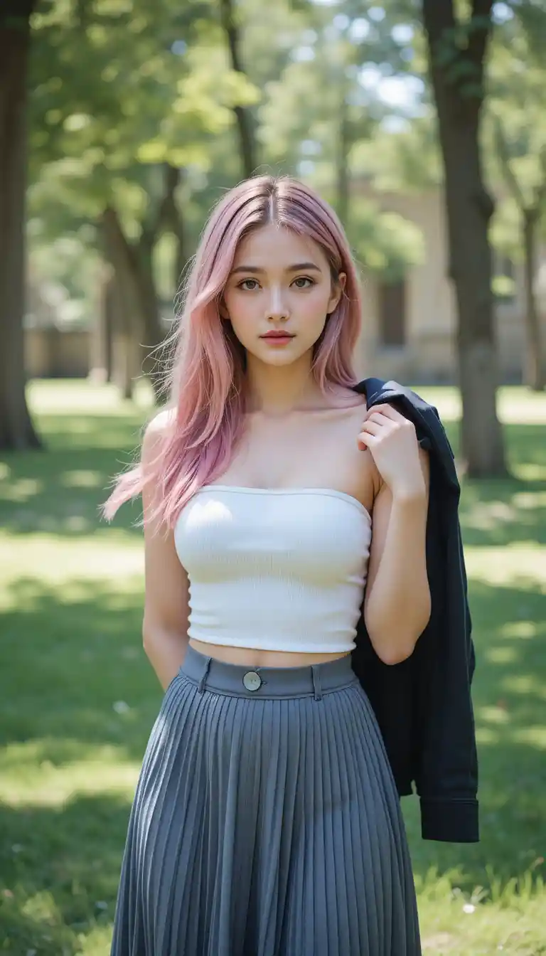 Young woman in pleated skirt standing in sunlit park