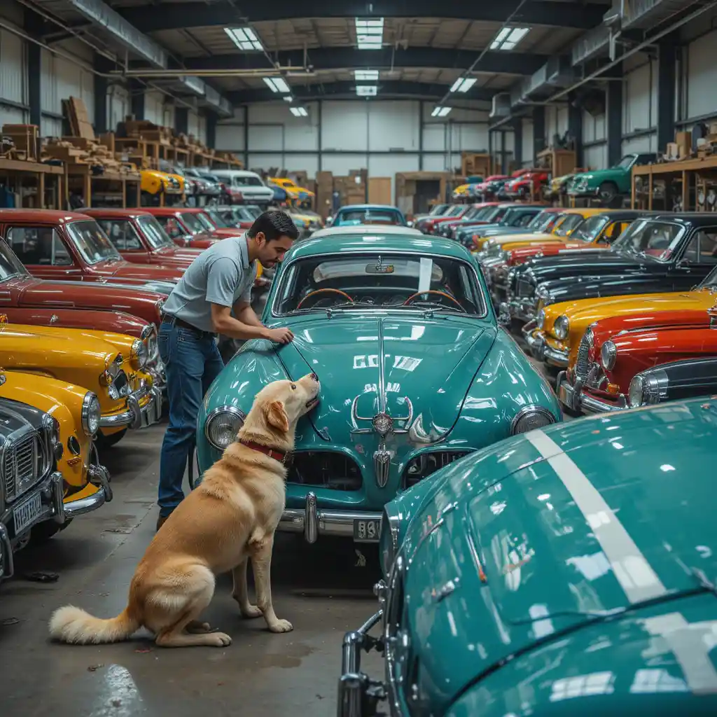 Man checking a car beside a dog in colorful classic garage
