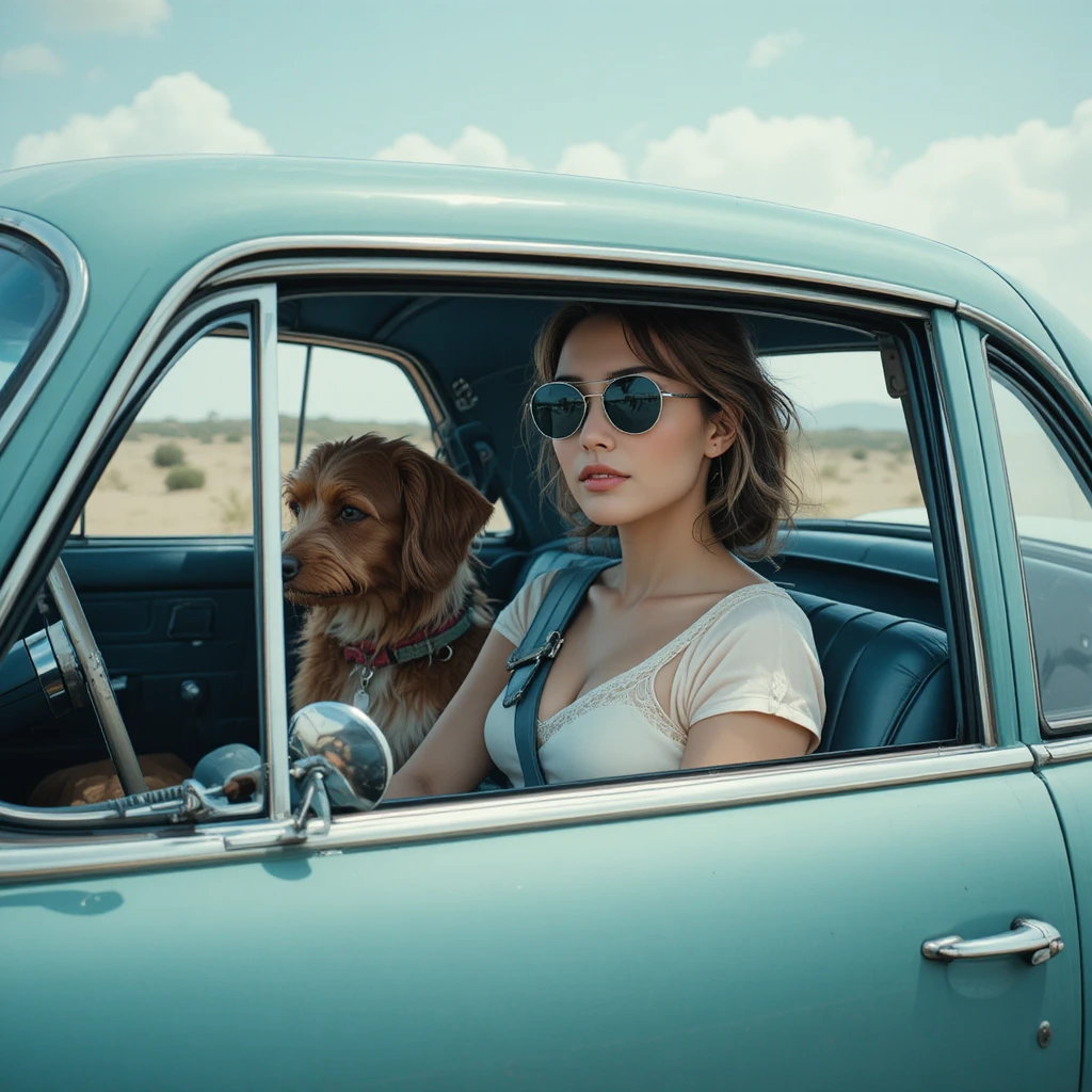女子駕駛經典老車，後座有一隻狗