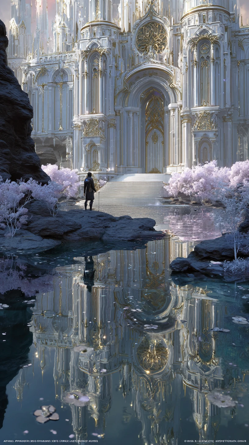 Elf Watching A Floating Cathedral Over A Mirror Lake