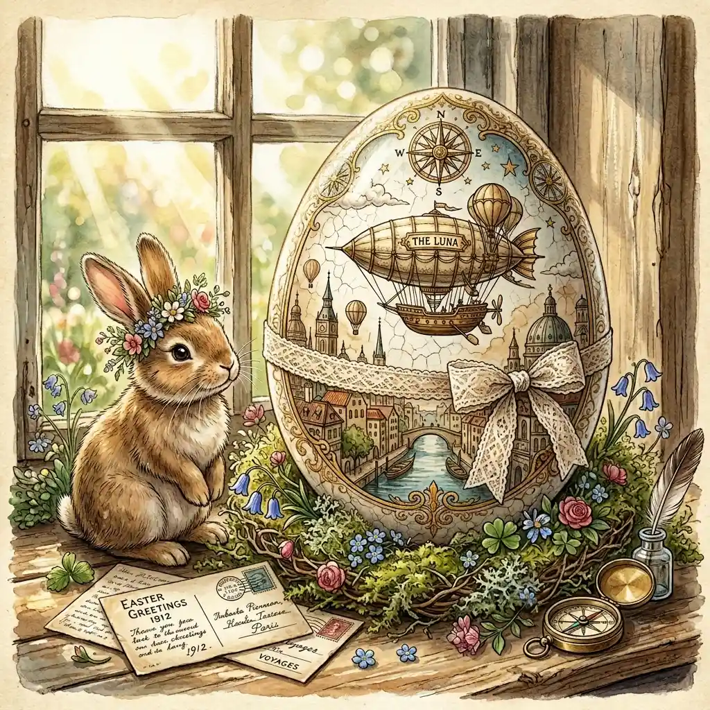 Vintage Easter egg with steampunk airship and old city