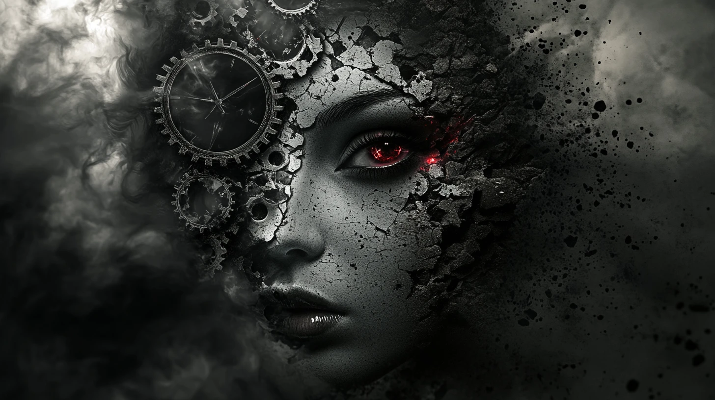 Woman face dissolving into dust and mechanical clockwork