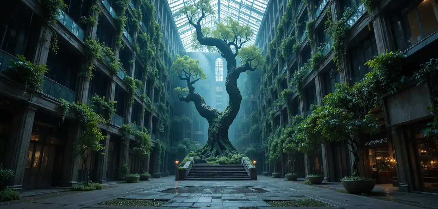 Futuristic tower entwined with a giant tree after rain
