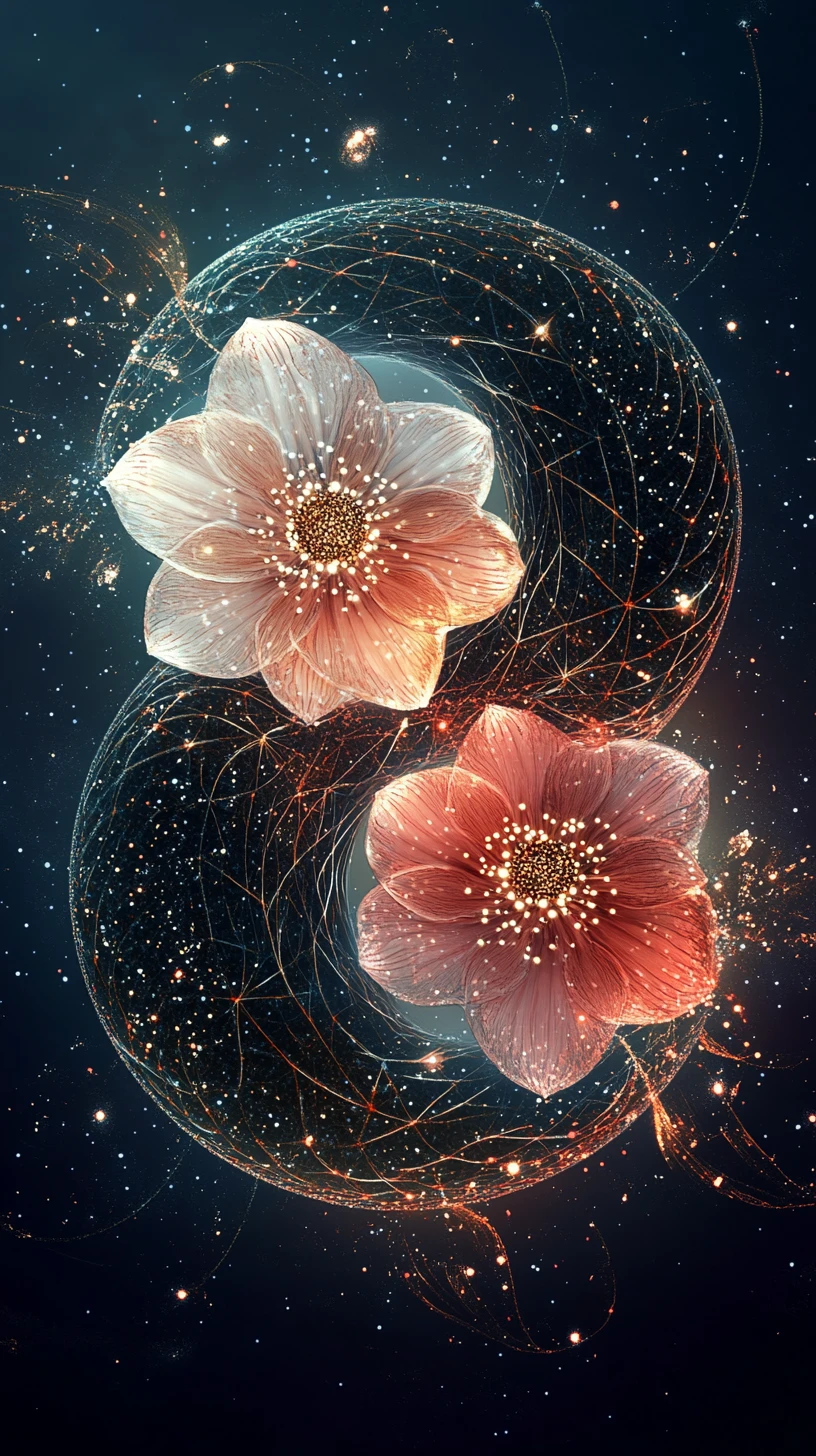 Simbolo floreale yin yang simmetrico con particelle luminose