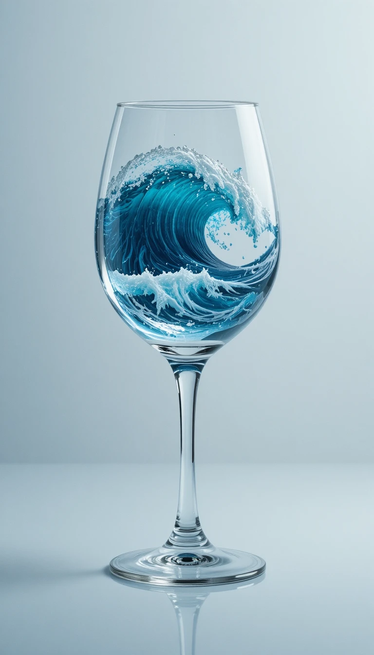 Wine glass filled with realistic ocean waves in close up